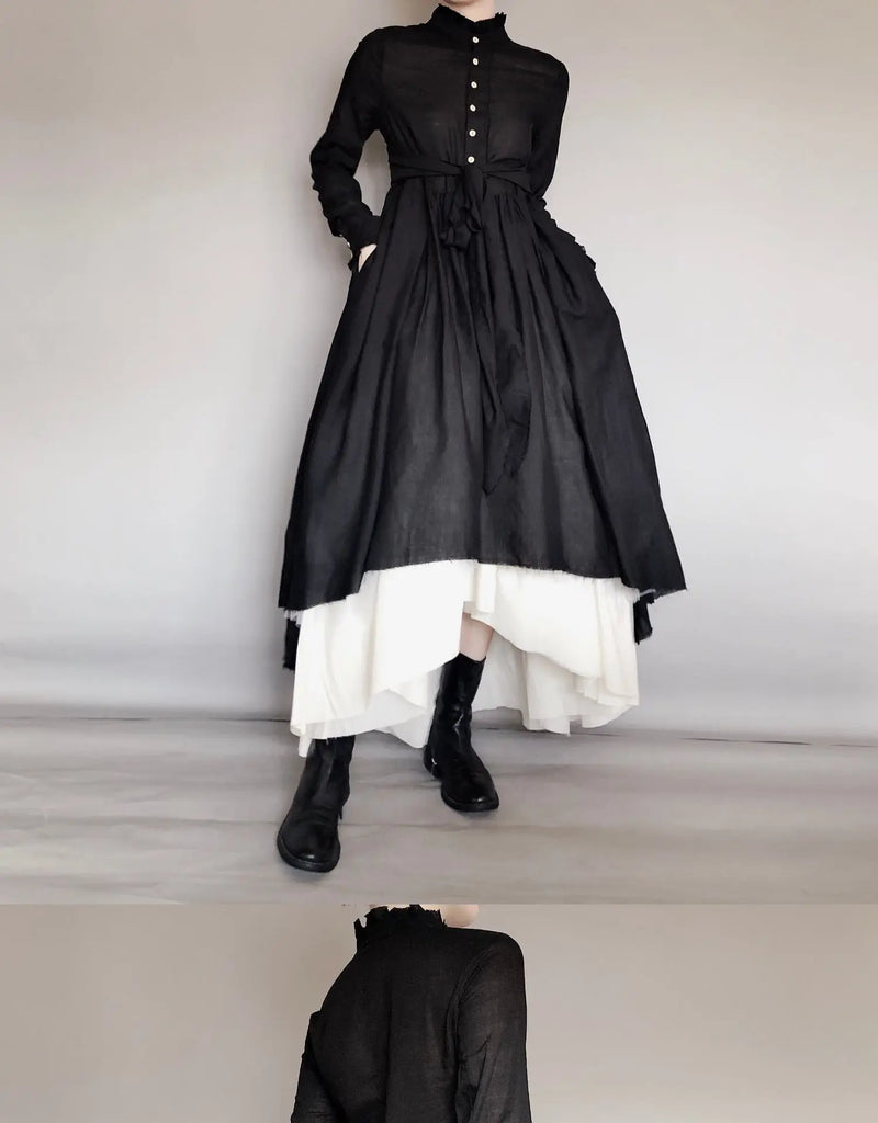 UMI MAO Dark Wind Retro Two-piece Spring Autumn Yohji Yamamoto Distressed Raw Edge Fluffy Mid-length Dress Thin Female  Y2K