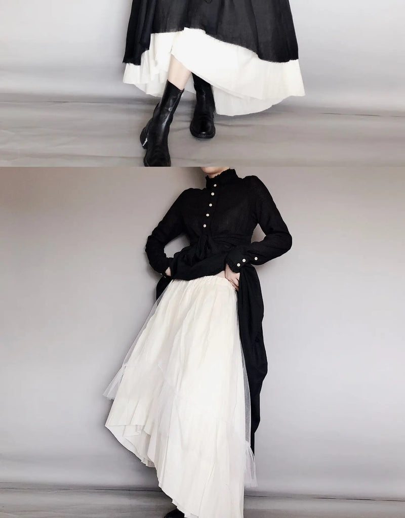 UMI MAO Dark Wind Retro Two-piece Spring Autumn Yohji Yamamoto Distressed Raw Edge Fluffy Mid-length Dress Thin Female  Y2K