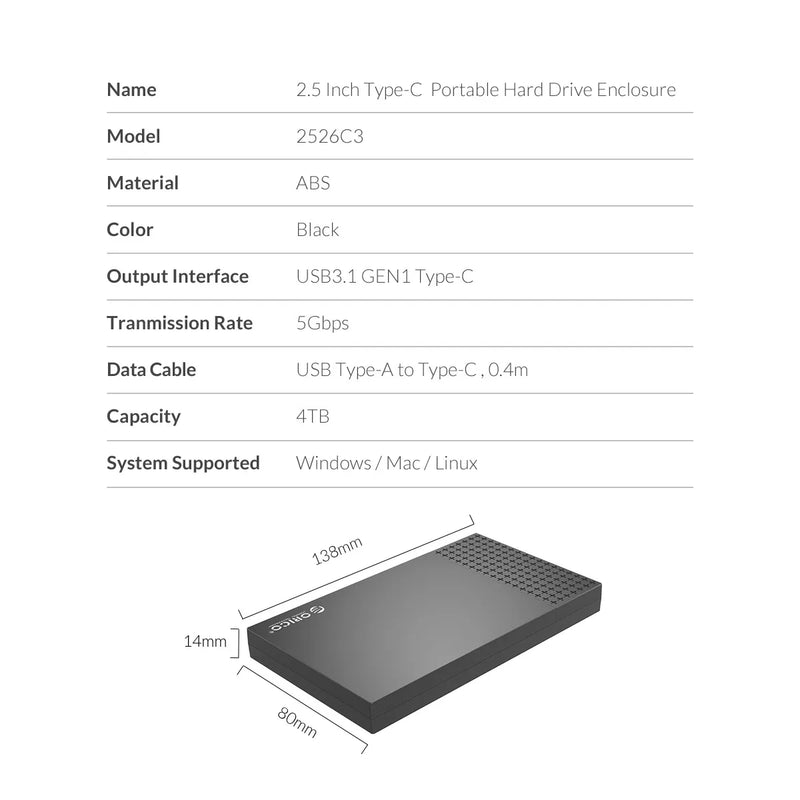 ORICO Type-C External Hard Drive Case SATA to USB3.1 HDD Enclosure for 2.5'' HDD SSD 6Gbps Speed Support UASP