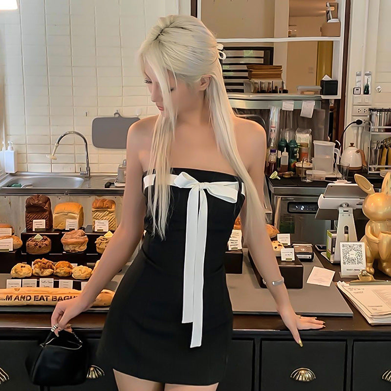 AltGoth Mall Goth Aesthetic Black Dress Women Coquette Hotsweet Bow Patchwork Strapless High Waist Bodycon Party Dress Female