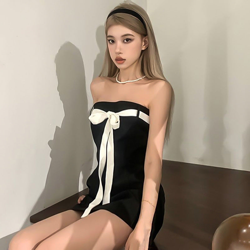AltGoth Mall Goth Aesthetic Black Dress Women Coquette Hotsweet Bow Patchwork Strapless High Waist Bodycon Party Dress Female