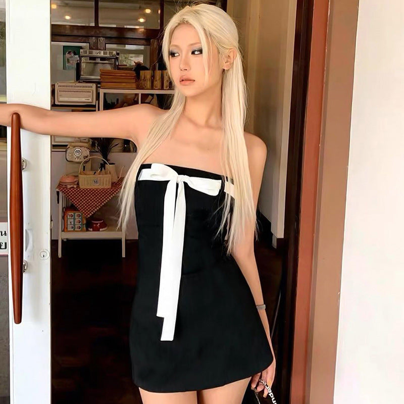 AltGoth Mall Goth Aesthetic Black Dress Women Coquette Hotsweet Bow Patchwork Strapless High Waist Bodycon Party Dress Female