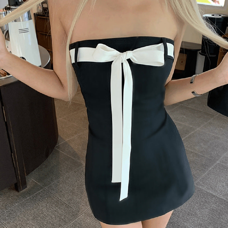 AltGoth Mall Goth Aesthetic Black Dress Women Coquette Hotsweet Bow Patchwork Strapless High Waist Bodycon Party Dress Female