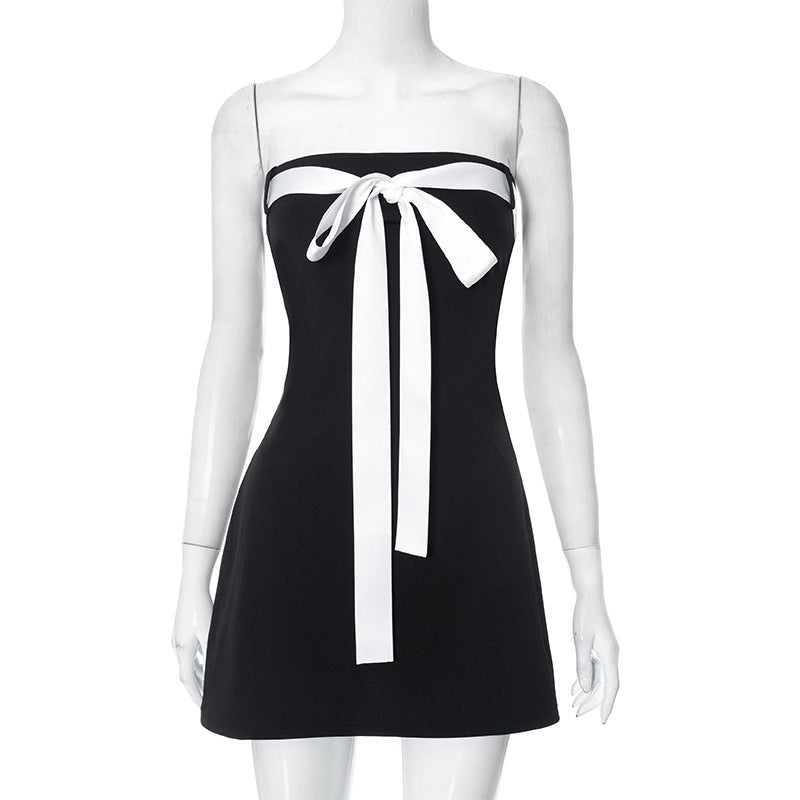 AltGoth Mall Goth Aesthetic Black Dress Women Coquette Hotsweet Bow Patchwork Strapless High Waist Bodycon Party Dress Female