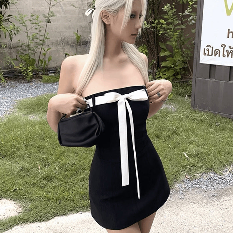 AltGoth Mall Goth Aesthetic Black Dress Women Coquette Hotsweet Bow Patchwork Strapless High Waist Bodycon Party Dress Female
