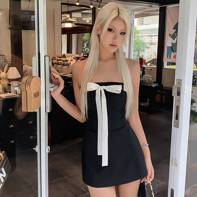 AltGoth Mall Goth Aesthetic Black Dress Women Coquette Hotsweet Bow Patchwork Strapless High Waist Bodycon Party Dress Female
