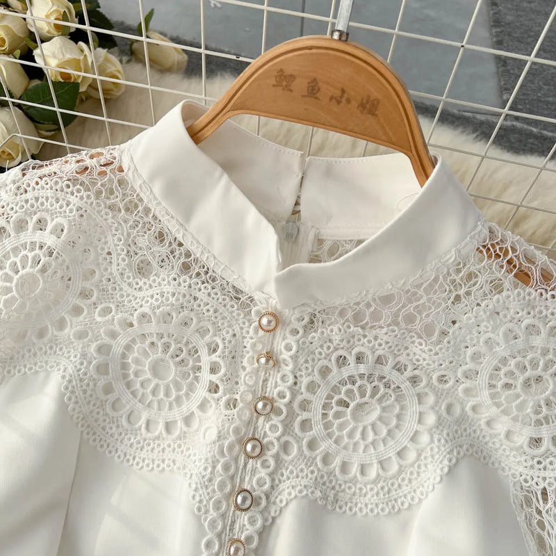 Vintage Flower Embroidery Hollow Out Lace White Dress Women's Stand Collar Long Lantern Sleeve Pearls Buttons Party Vestidos