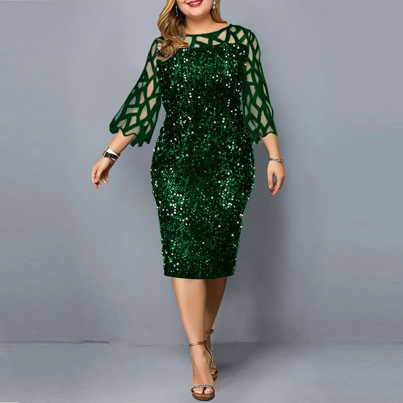 2022 Women Shiny Party Dresses M-5XL Size Evening Clothing O Neck Lace Short Sleeve Sheath Vintage Sequin Wedding Dress Ladies