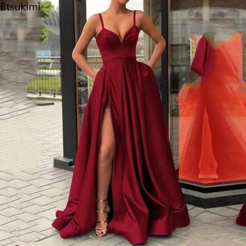 2025 Women's Evening Wedding Party Dress Solid Elegant Side Slit A-Line Satin Sleeveless Straps Banquet Maxi Long Dress Vestidos