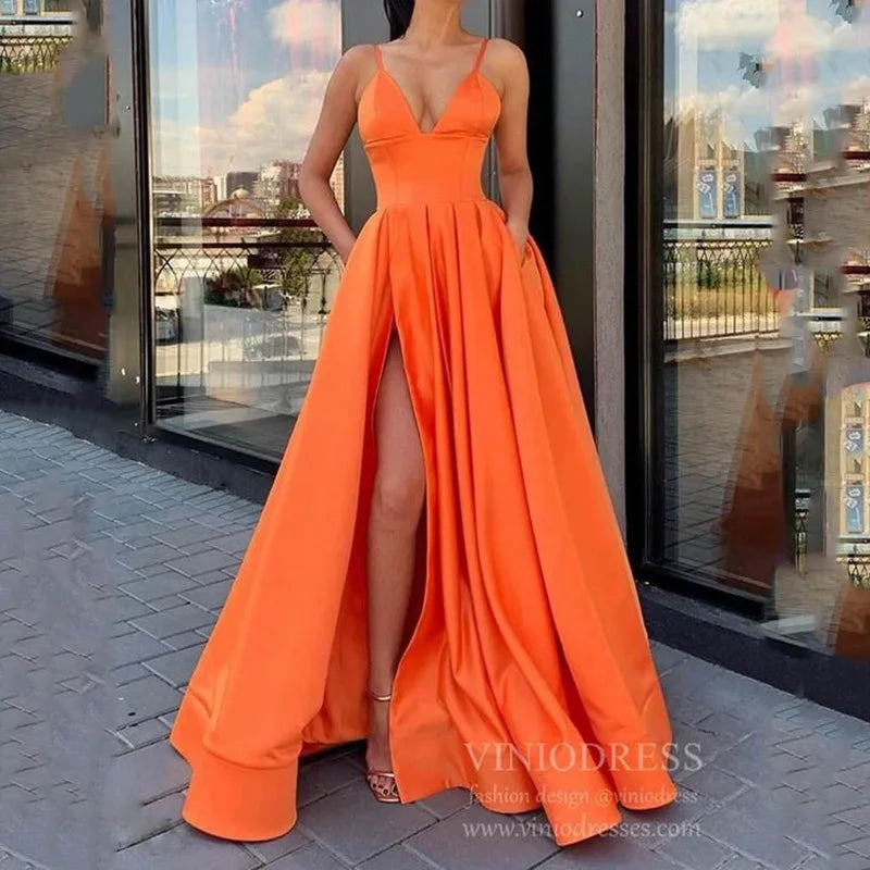2025 Women's Evening Wedding Party Dress Solid Elegant Side Slit A-Line Satin Sleeveless Straps Banquet Maxi Long Dress Vestidos