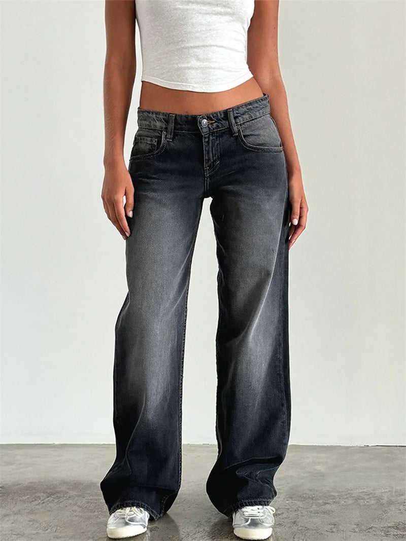 Women Casual Low Rise Jeans Fashion Loose Straight Leg Denim Pants with Pockets for Summer Spring