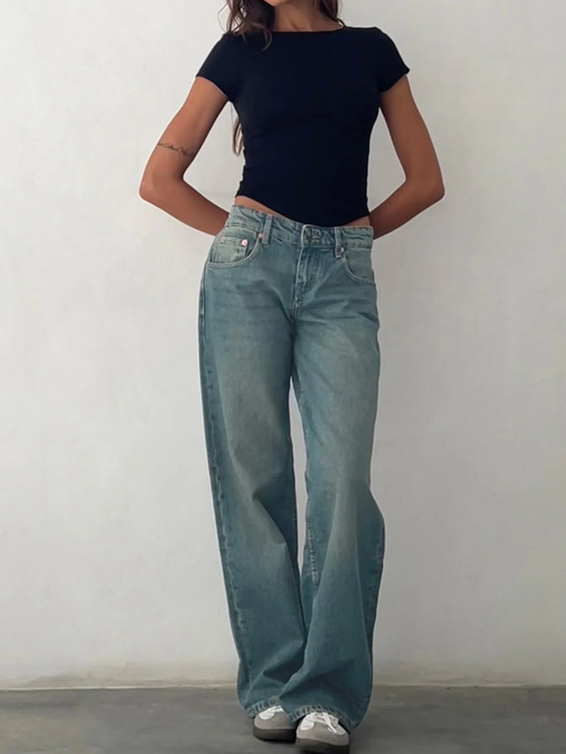 Jeans Women Denim Wide Leg Pant Floor Length Pants Splice Loose Casual Pockets High Waist Straight Trousers Autumn Winter