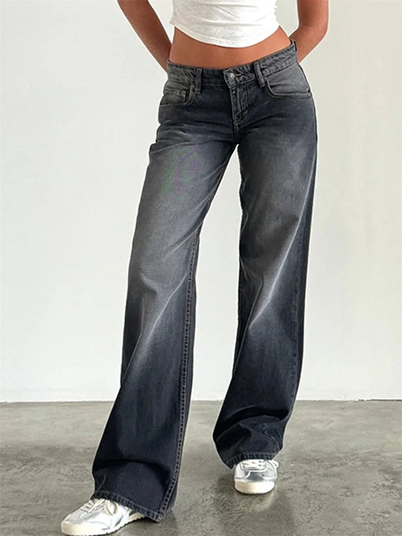 Women Casual Low Rise Jeans Fashion Loose Straight Leg Denim Pants with Pockets for Summer Spring