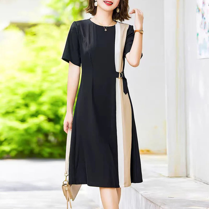 ZANZEA Women Patchwork Long Dress Korean Fashion Belt Waist Vestidos 2024 Summer Elegant Short Sleeve Robe Holiday Loose Dresses