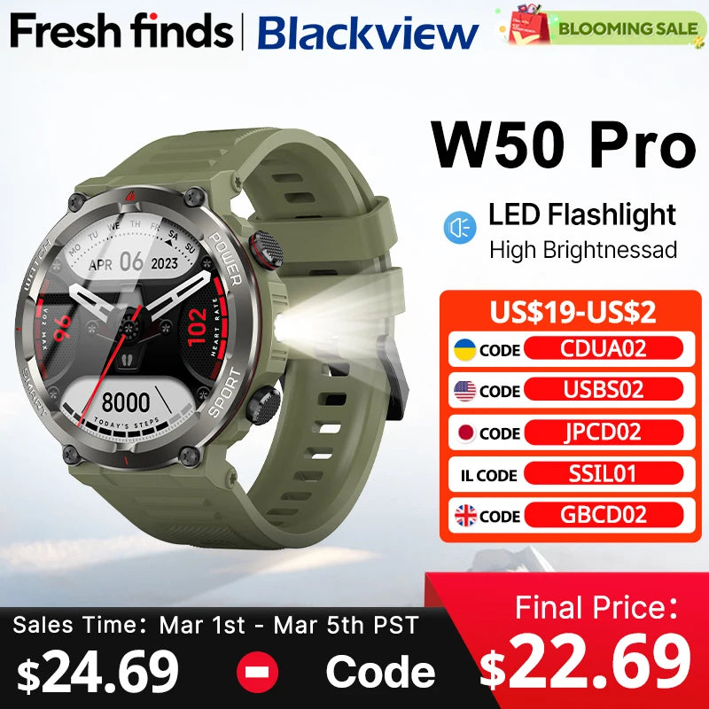 [World Premiere] Blackview W50 Pro Smartwatch 1.45" TFT Display IP68 Bluetooth Phone Calls 960mAh Battery  Rugged Smartwat