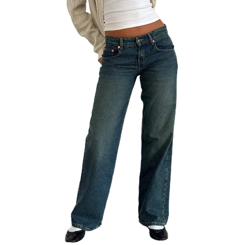 Women Casual Low Rise Jeans Fashion Loose Straight Leg Denim Pants with Pockets for Summer Spring