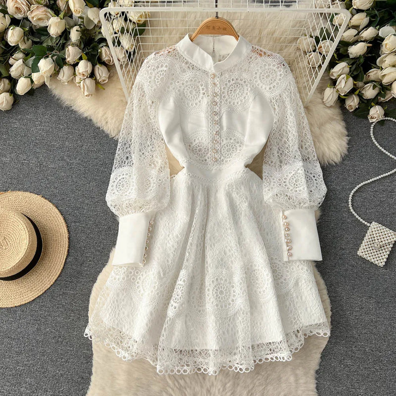 Vintage Flower Embroidery Hollow Out Lace White Dress Women's Stand Collar Long Lantern Sleeve Pearls Buttons Party Vestidos