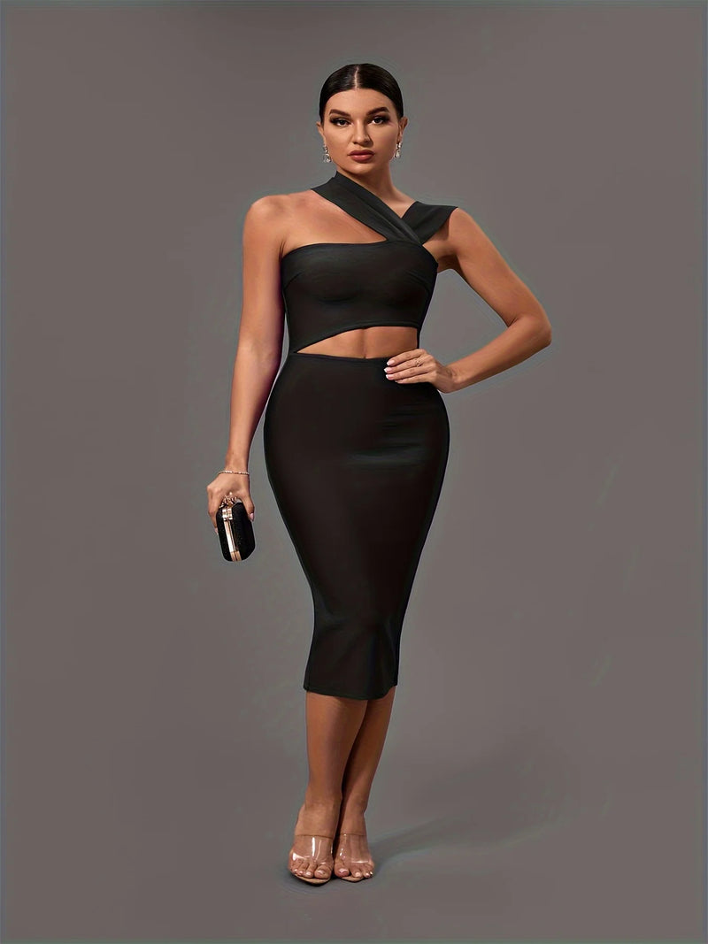 Black Bandage Dress  Women Midi Party Dress Bodycon Elegant  Halter Neck Sexy Cut Out Birthday Evening  Club Outfits Summer