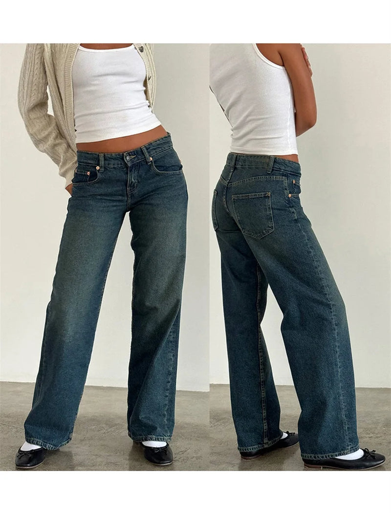 Women Casual Low Rise Jeans Fashion Loose Straight Leg Denim Pants with Pockets for Summer Spring