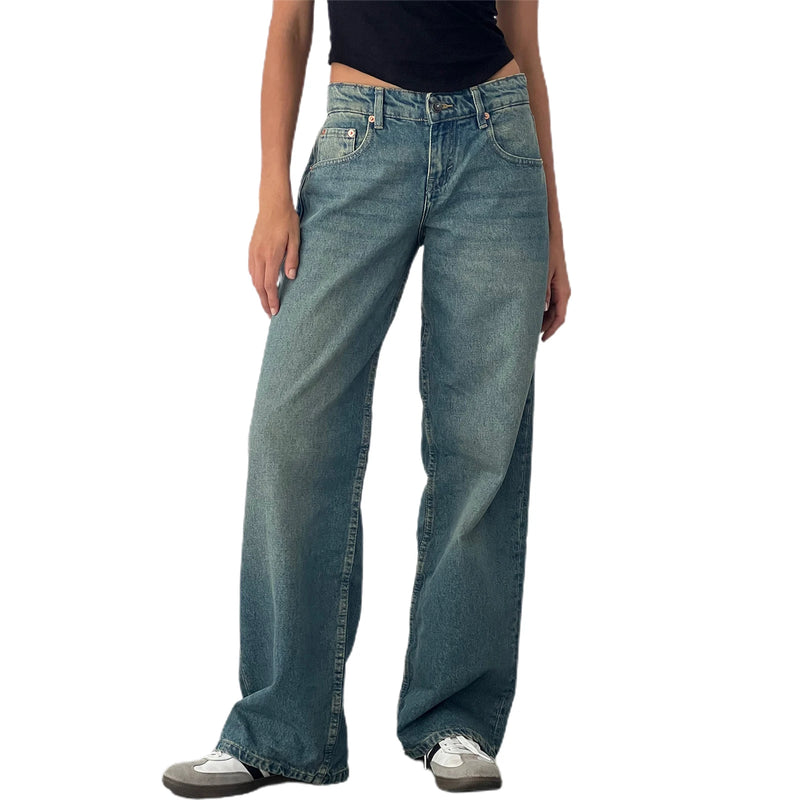 Women Casual Low Rise Jeans Fashion Loose Straight Leg Denim Pants with Pockets for Summer Spring