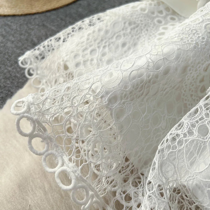 Vintage Flower Embroidery Hollow Out Lace White Dress Women's Stand Collar Long Lantern Sleeve Pearls Buttons Party Vestidos