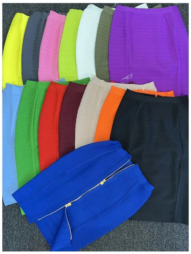 16 Colors Women Sexy Zipper Black Red Pink Bandage Skirt  XL XXL Elastic Bodycon Summer Pencil Skirt 58cm