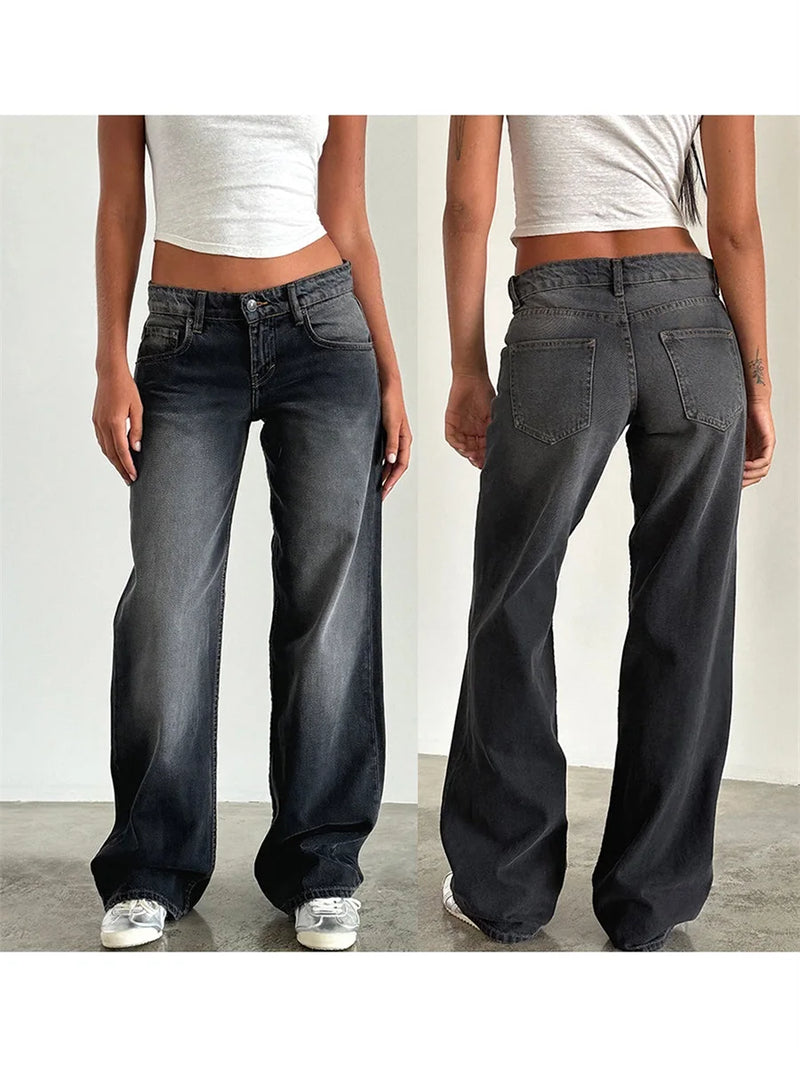 Women Casual Low Rise Jeans Fashion Loose Straight Leg Denim Pants with Pockets for Summer Spring
