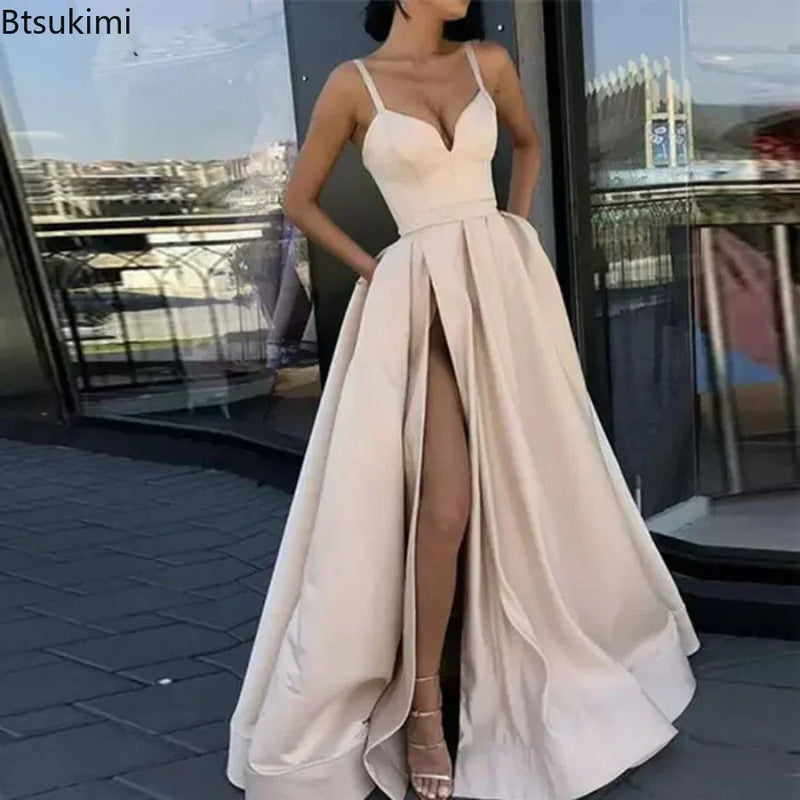 2025 Women's Evening Wedding Party Dress Solid Elegant Side Slit A-Line Satin Sleeveless Straps Banquet Maxi Long Dress Vestidos