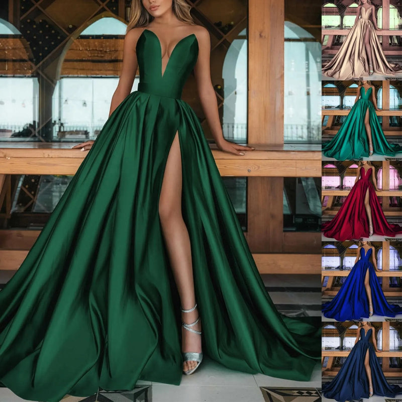 Women'S One Shoulder Sequin Dresses Sexy Pure Desire Fashionable Elegant A-Line Dress Solid Color High Split Wedding Skirt