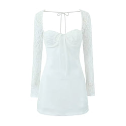 Sexy White Spliced Lace Wire Chest Corset Style Mini Dress Women Full Sleeve Cross Bandage Lacing up Back Bow Party Skater Robe