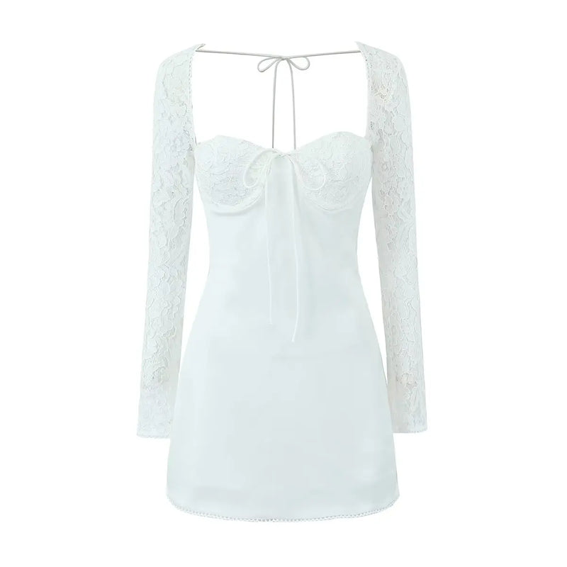 Sexy White Spliced Lace Wire Chest Corset Style Mini Dress Women Full Sleeve Cross Bandage Lacing up Back Bow Party Skater Robe