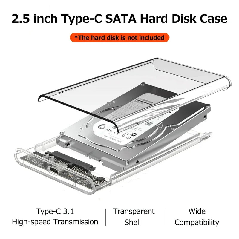2.5 Inch SATA SSD External Hard Drive Case USB 3.0/Type C HDD Enclosure with 5Gbps Transfer Speed Clear Harddisk Boxs Hdd Case