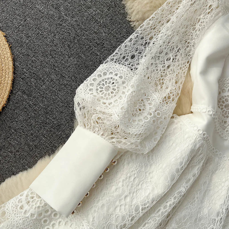 Vintage Flower Embroidery Hollow Out Lace White Dress Women's Stand Collar Long Lantern Sleeve Pearls Buttons Party Vestidos