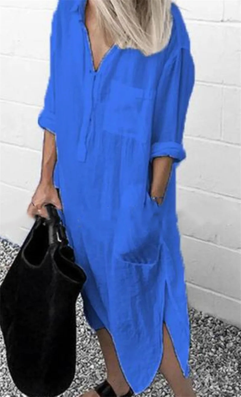 Cotton Linen Maxi Dress for Women 2023 Spring Summer Casual Long Sleeve Shirt Dress Oversized Female Clothing Y2K Vestido Robe