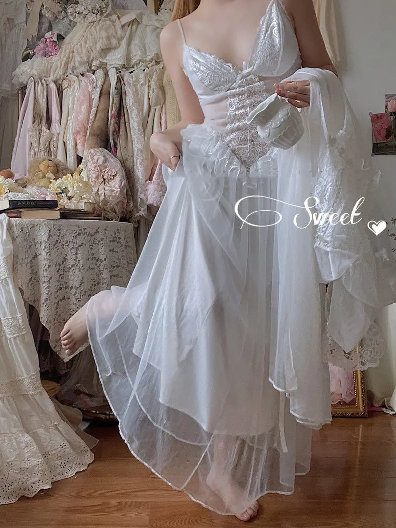 2022 Autumn White Fairy Vintage Sweet Dress Women Mesh Lace Sexy Casual Korean Dress Female Patchwork Designer Princess Dresses