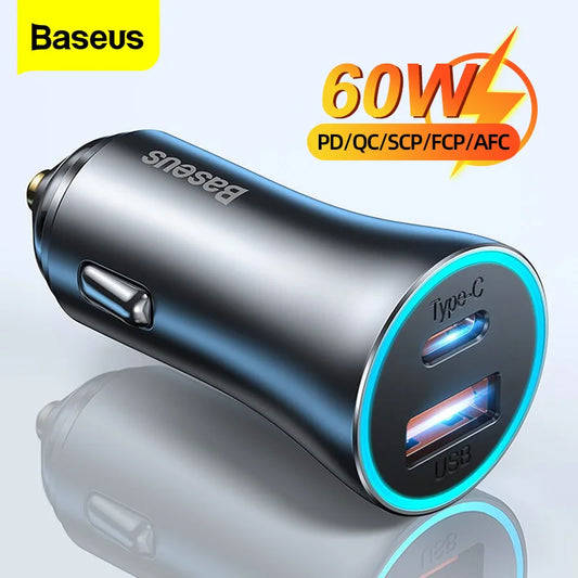 Baseus 60W USB Type C Car Charger Quick Charge QC 4.0 PD 3.0 Fast Charging Car Charger For iPhone 13 12 Pro Max Xiaomi Samsung