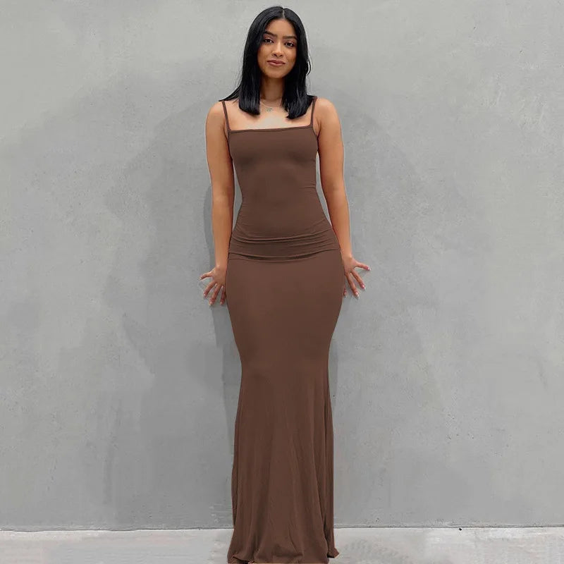 2024 Summer Fishtail Backless Dresses For Women's Sexy Spaghetti Strap Gray Long Dress Y2k Sleeveless Solid Skinny Robe Vestidos