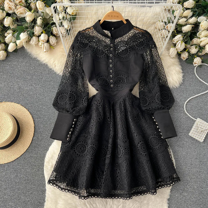 Vintage Flower Embroidery Hollow Out Lace White Dress Women's Stand Collar Long Lantern Sleeve Pearls Buttons Party Vestidos