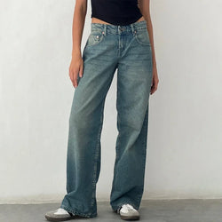 Women Y2K Wide Leg Denim Pants Baggy Low Waist Boyfriend Jeans Casual Vintage Loose Fit Jeans Trousers Cyber Grunge Streetwear
