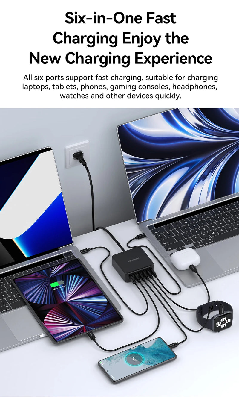 Rocoren 150W 6 in 1 Multi Port USB Type C High Speed Charger Fast Charging Dock Desktop Charger Power Station For iPhone Samsung
