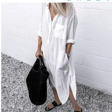 Cotton Linen Maxi Dress for Women 2023 Spring Summer Casual Long Sleeve Shirt Dress Oversized Female Clothing Y2K Vestido Robe