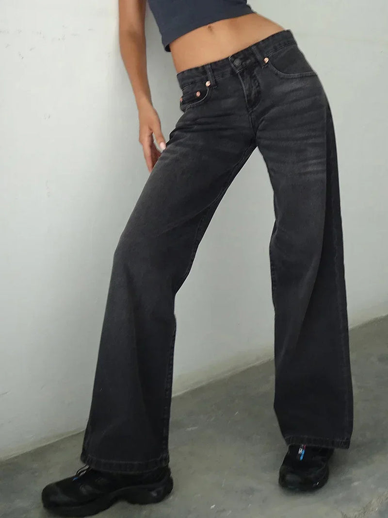 Women Casual Low Rise Jeans Fashion Loose Straight Leg Denim Pants with Pockets for Summer Spring