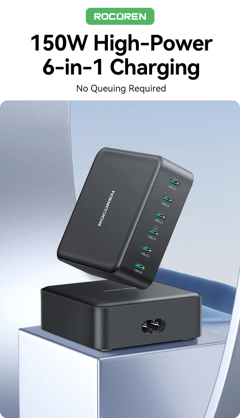 Rocoren 150W 6 in 1 Multi Port USB Type C High Speed Charger Fast Charging Dock Desktop Charger Power Station For iPhone Samsung