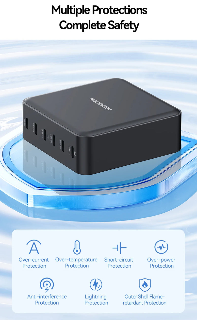 Rocoren 150W 6 in 1 Multi Port USB Type C High Speed Charger Fast Charging Dock Desktop Charger Power Station For iPhone Samsung