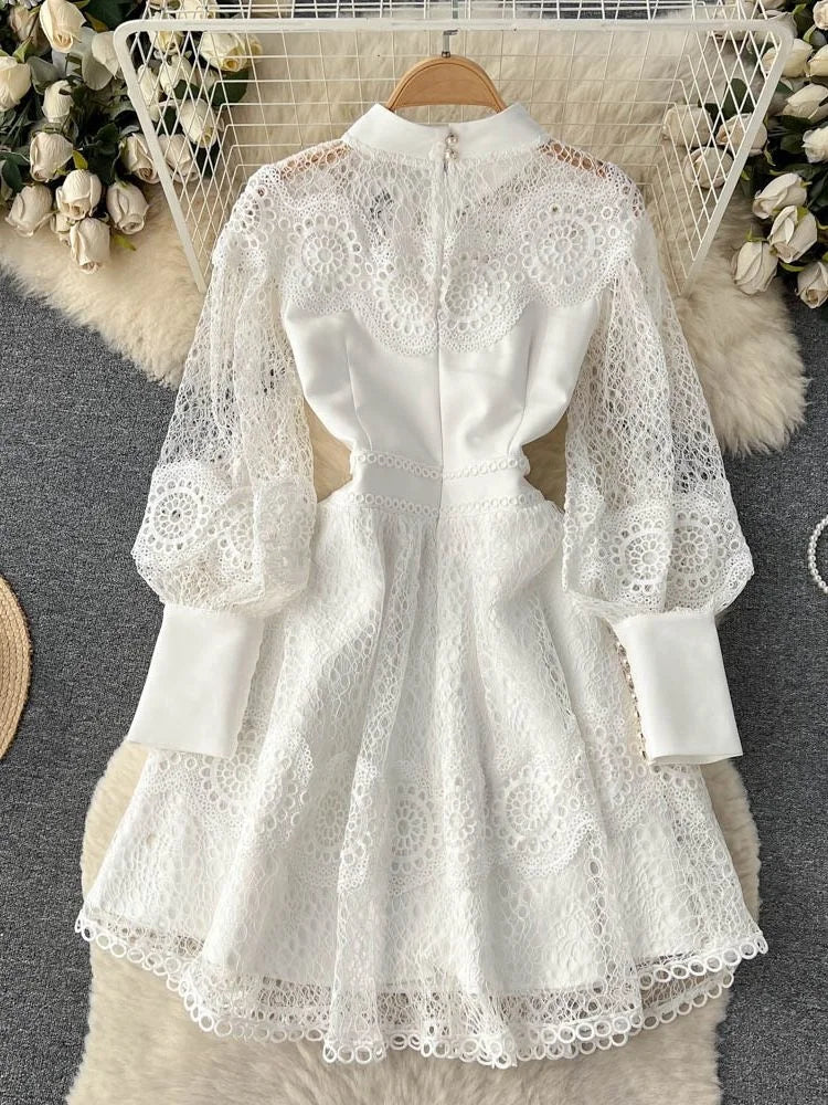Vintage Flower Embroidery Hollow Out Lace White Dress Women's Stand Collar Long Lantern Sleeve Pearls Buttons Party Vestidos