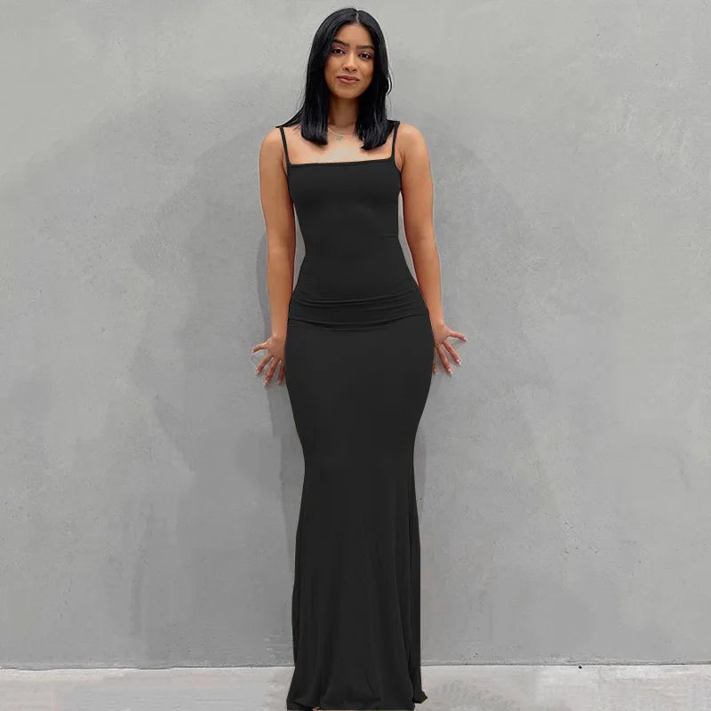 2024 Summer Fishtail Backless Dresses For Women's Sexy Spaghetti Strap Gray Long Dress Y2k Sleeveless Solid Skinny Robe Vestidos