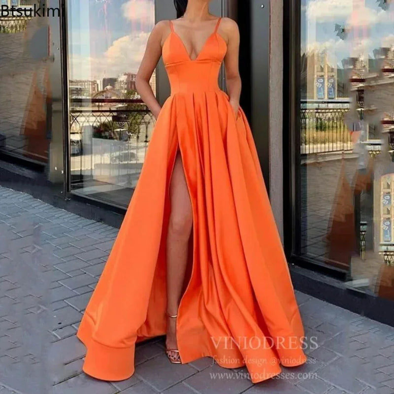 2025 Women's Evening Wedding Party Dress Solid Elegant Side Slit A-Line Satin Sleeveless Straps Banquet Maxi Long Dress Vestidos