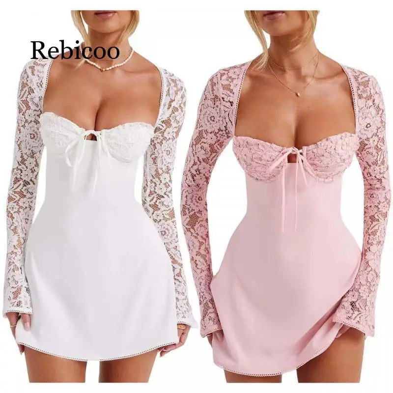 2024 European and American Fashion Women New Sexy Lace Lace Trimmed Slim Fit Backless French Long Sleeved Dress