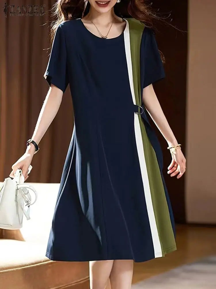 ZANZEA Women Patchwork Long Dress Korean Fashion Belt Waist Vestidos 2024 Summer Elegant Short Sleeve Robe Holiday Loose Dresses