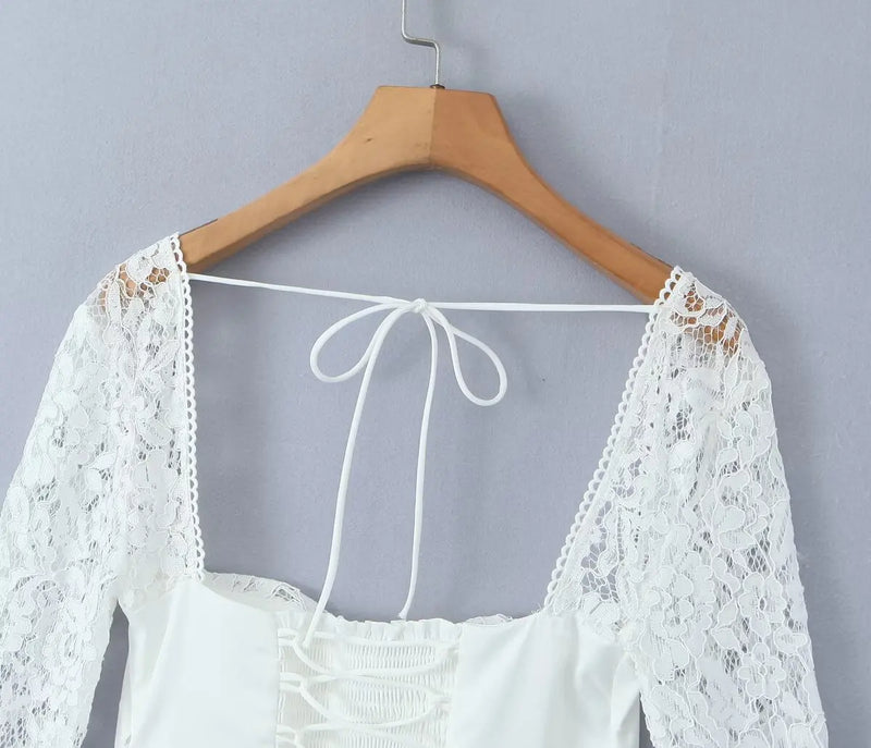 Sexy White Spliced Lace Wire Chest Corset Style Mini Dress Women Full Sleeve Cross Bandage Lacing up Back Bow Party Skater Robe